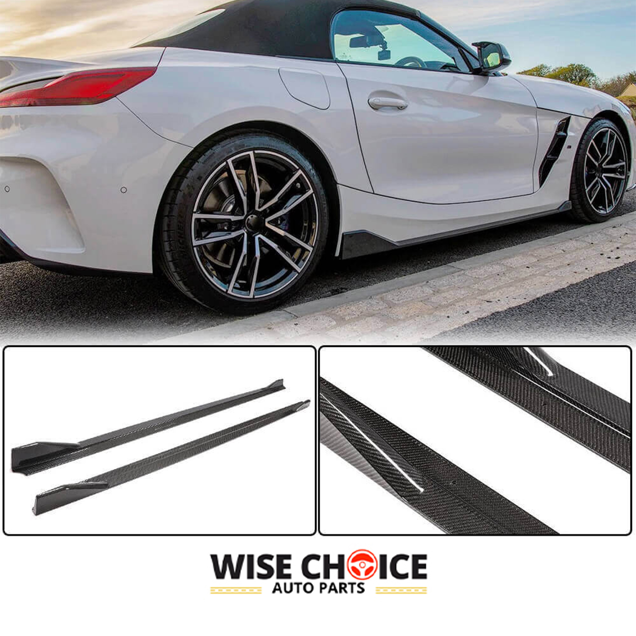 2019-2022 G29 BMW Z4 M-Sport model adorned with Carbon Fiber Side Skirts for enhanced style and aerodynamics.