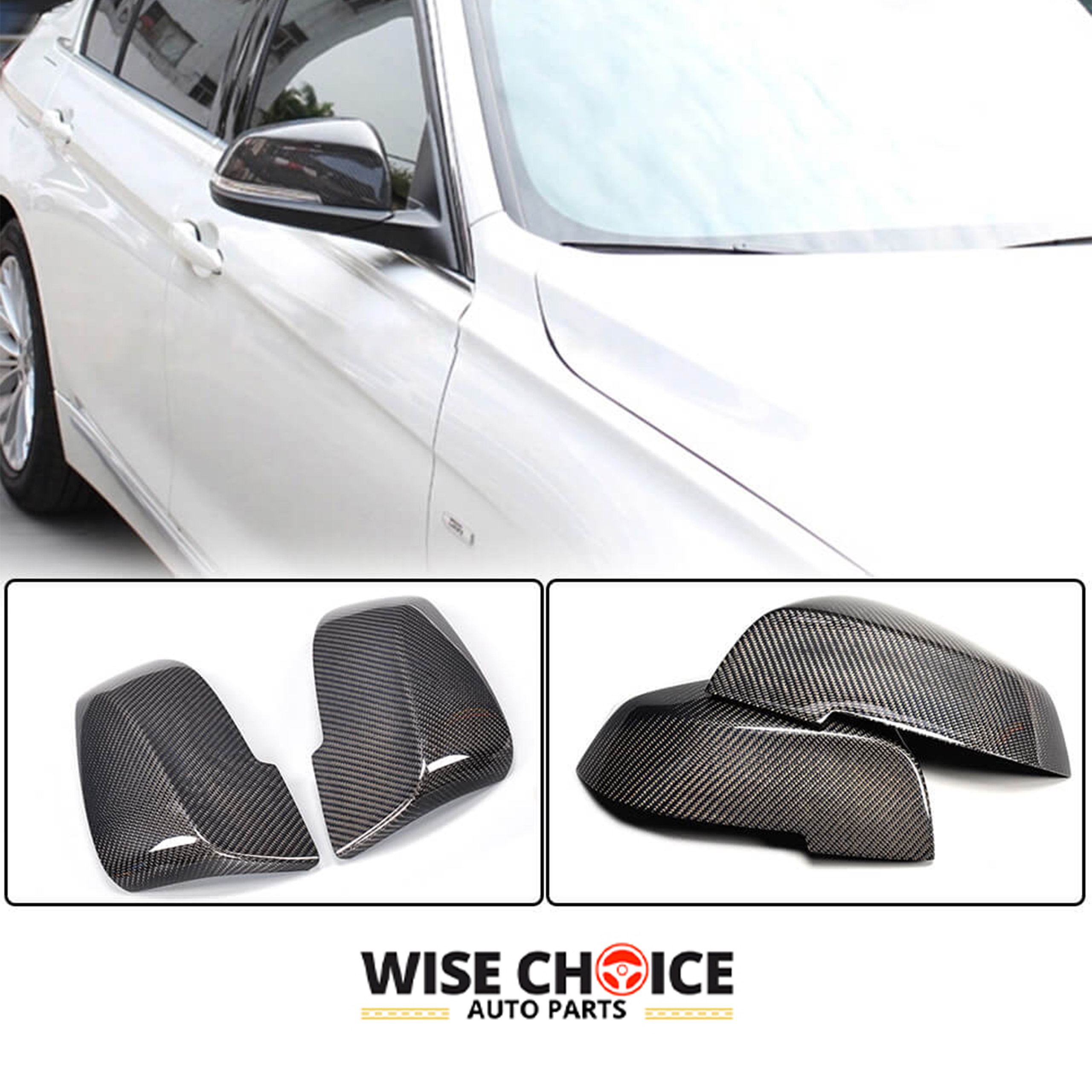BMW Carbon Fiber Mirror Covers attached to a BMW Sedan Series vehicle, showcasing its glossy finish and deep pattern.