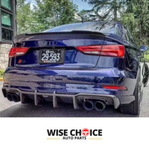 Audi A3 2017-2020 8V.5 Hatchback equipped with a high-quality carbon fiber rear diffuser, displaying enhanced aerodynamics and aggressive styling.