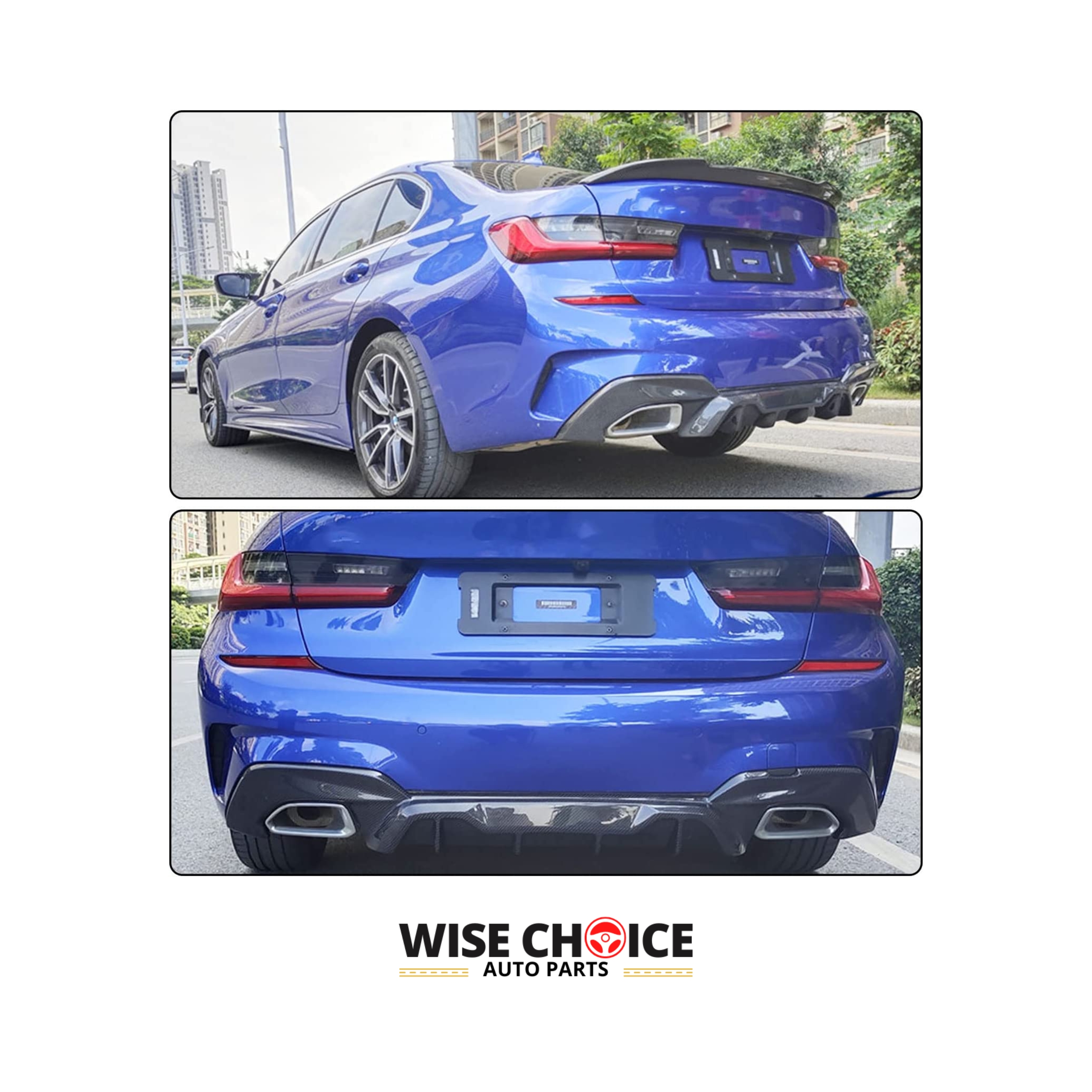 2019-2022 G20 BMW 3 Series M-Sport Carbon Fiber Rear Diffuser installed on a BMW M Sport Sedan, showing its polished, shiny surface.