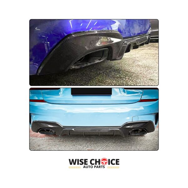 2019-2022 G20 BMW 3 Series M-Sport Carbon Fiber Rear Diffuser installed on a BMW M Sport Sedan, showing its polished, shiny surface.