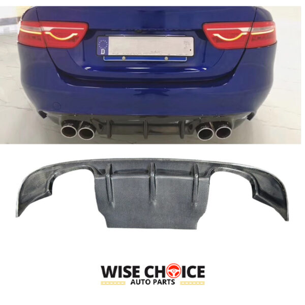 2017-2019 Jaguar XE Sedan with high-quality carbon fiber rear diffuser installed, enhancing the vehicle's aggressive stance and aerodynamics.