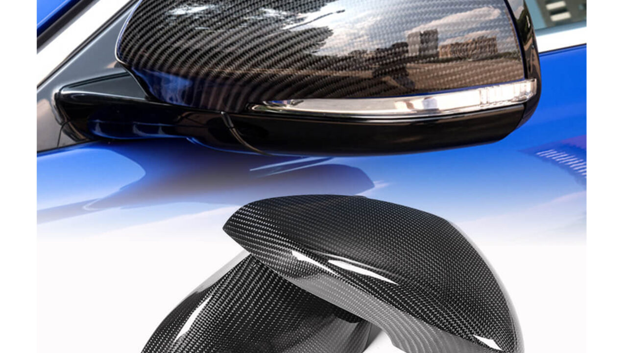 A pair of carbon fiber side mirror covers for Jaguar F-Type Coupe and Convertible 2015-2022 models