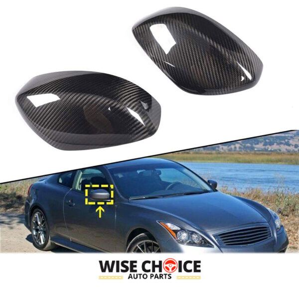 High-Quality Carbon Fiber Mirror Caps attached to a 2010-2013 Infiniti G25 G37 Sedan