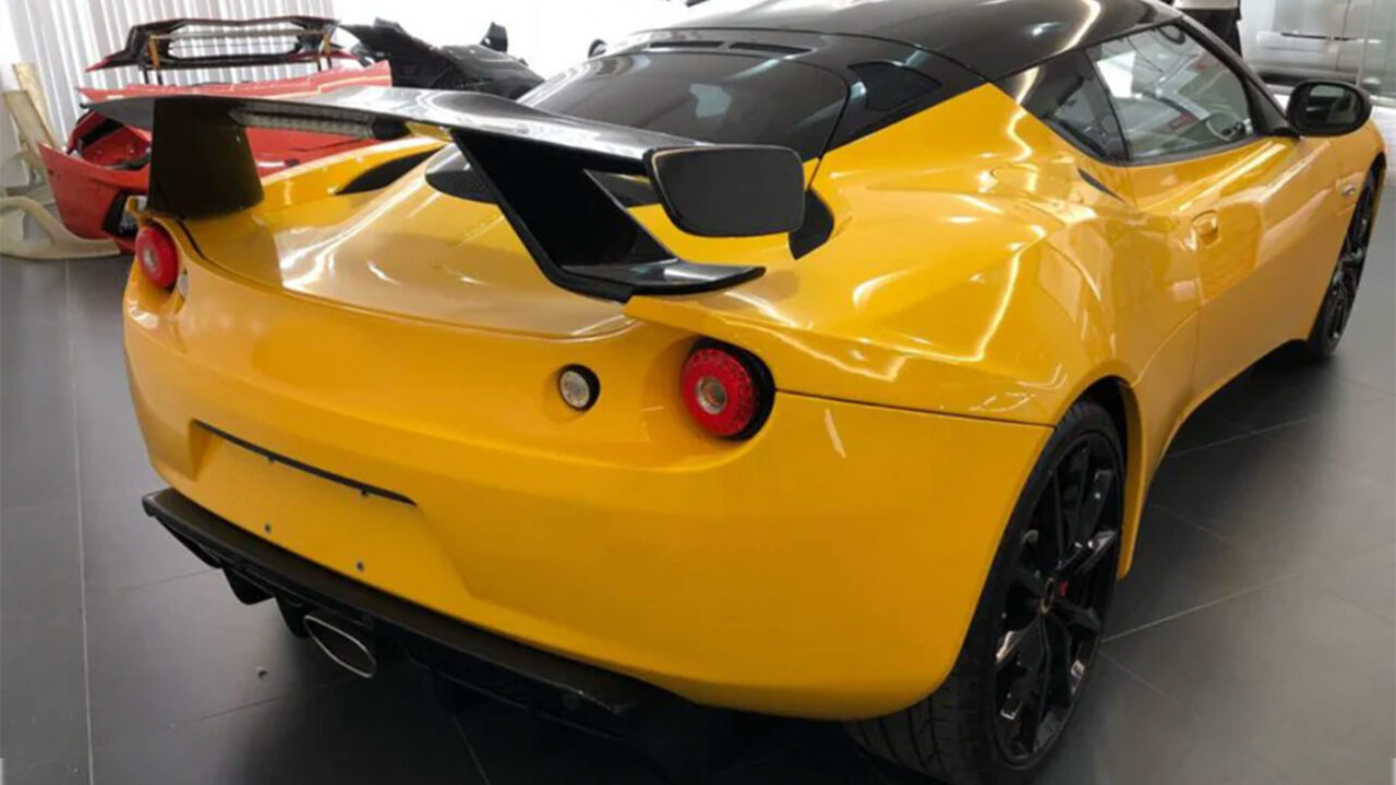 2010-2020 Lotus Evora S Sport model with the Carbon Fiber Rear Racing Wing Spoiler attached