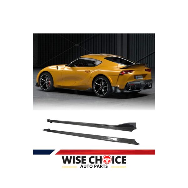 High-quality 2019-2023 Toyota GR Supra J29 carbon fiber side skirts on a white background.