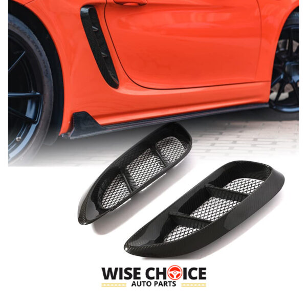 A pair of glossy Porsche 718 Carbon Fiber Side Vents against a white background.