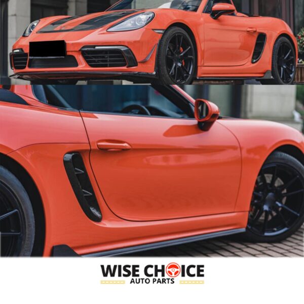 A pair of glossy Porsche 718 Carbon Fiber Side Vents against a white background.