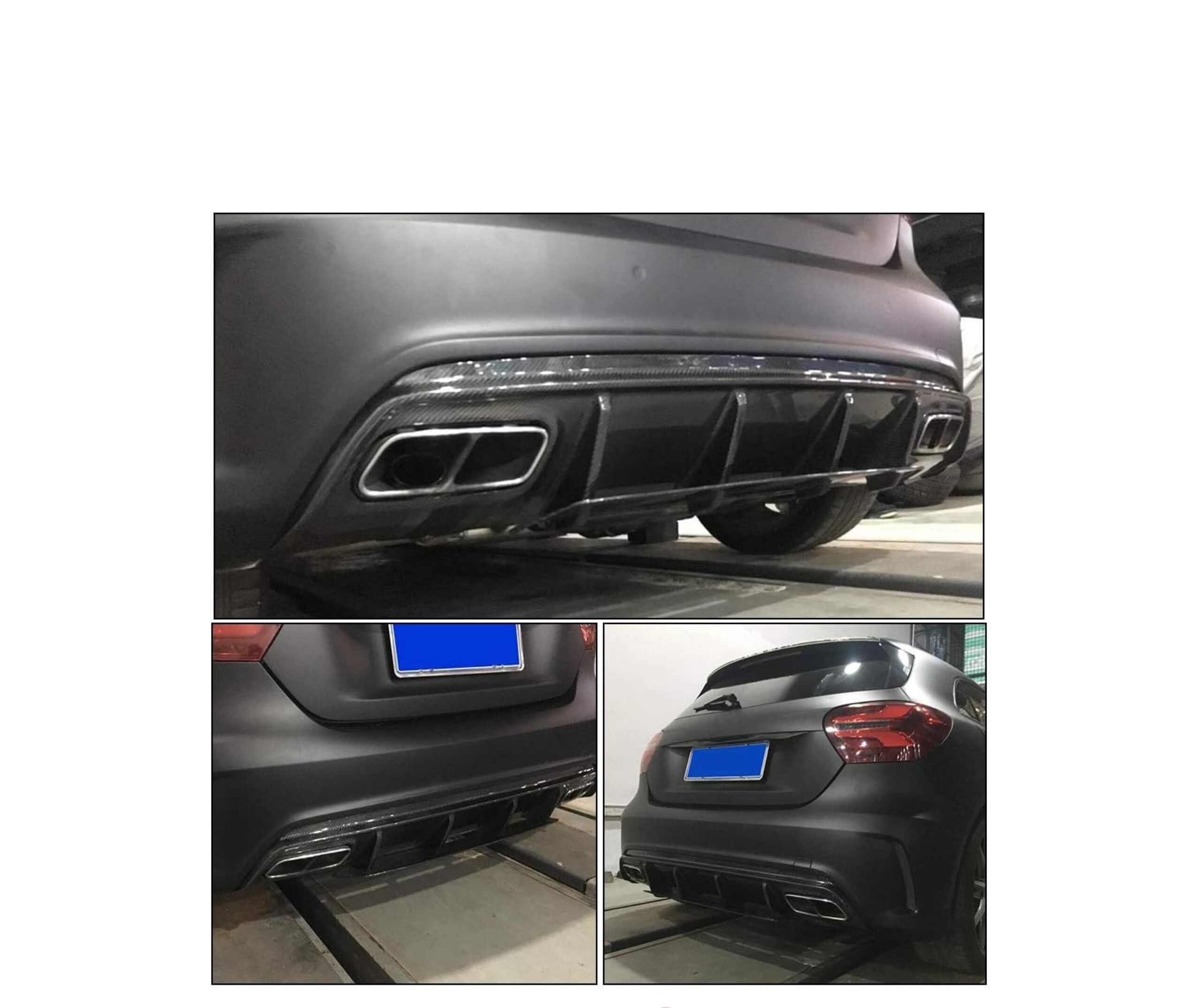 A 2012-2018 W176 M-Benz A Class equipped with a Carbon Fiber Rear Bumper Diffuser.