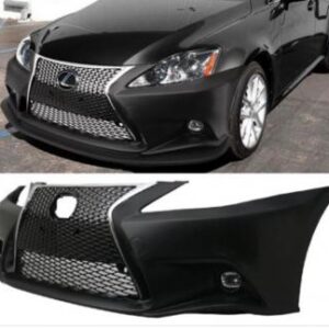 High-quality front bumper conversion for Lexus IS250 and IS350 (2006-2013) in black primer with LED fog lamps.