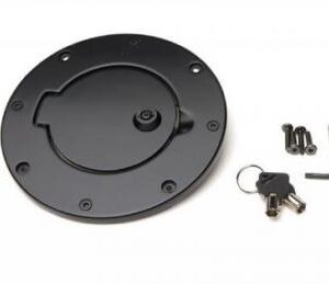 1997-2006 Jeep Wrangler Locking Fuel Door made of black aluminum with hardware and keys.