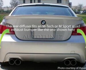 A sleek flat black BMW E60 MTech Quad Exhaust Diffuser designed for 2004-2010 models, showcasing its snap-in installation feature.