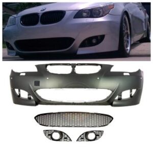 Front view of the E60 2004-2010 M5 Front Bumper Assembly, showcasing its direct fit and primer finish.