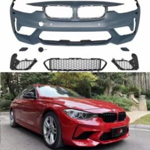 M2C Conversion Front Bumper for BMW F30 2012-2018 in poly plastic, bolt-on, and primed finish.