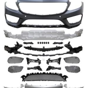 High-quality W205 Sport AMG Front Bumper Kit for 2015-2018 C-Class with poly plastic build, primer finish, and all inserts and brackets included.