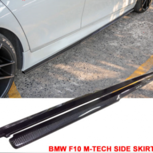 Real carbon fiber side skirt extensions for 2011-2016 BMW F10, showcasing a sleek design with UV clear coat finish.