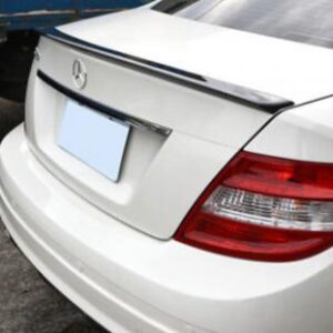 A high-quality gloss black trunk spoiler designed for 2008-2014 W204 C63, C250, C300, and C350 models, featuring 3M adhesive for easy installation.