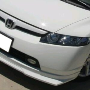 A flat black polyurethane front lip for the 2006-2008 Honda Civic, showcasing its sleek design and included hardware.