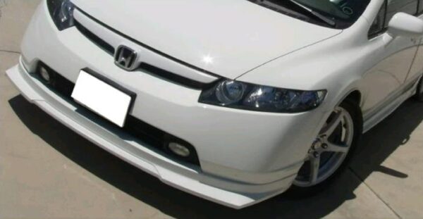 A flat black polyurethane front lip for the 2006-2008 Honda Civic, showcasing its sleek design and included hardware.