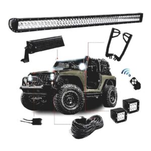 Complete Jeep Wrangler JK Light Bar Kit with brackets and remote control for enhanced visibility.