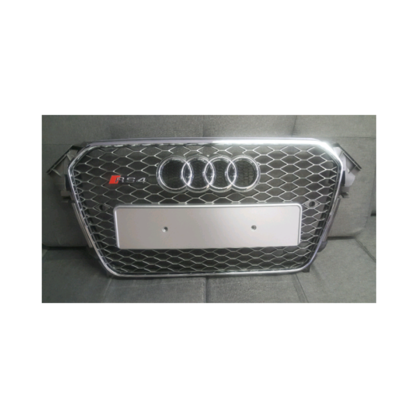 A4/S4 2008-2012 B8 Silver RS4 Grille, showcasing a sleek design with a removable logo.