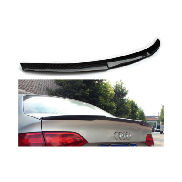 High-quality image of the Audi A4 B8 V Style Carbon Spoiler, showcasing its sleek design and adhesive tape for easy installation.