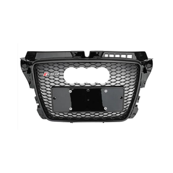 Black RS3 Look Grille for Audi A3/S3 2008-2012, showcasing its sleek design and removable license plate bracket.