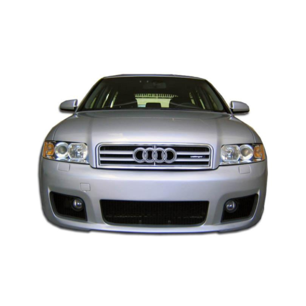 A flat black Duraflex RS4 Look Front Bumper for Audi A4 (2002-2004), featuring a sleek design and included wire mesh.