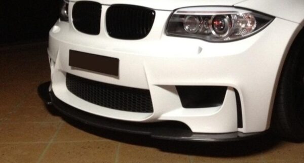 E82 1M Carbon Fiber Lip made from real carbon fiber with UV clear coat finish, designed for 1M bumpers.