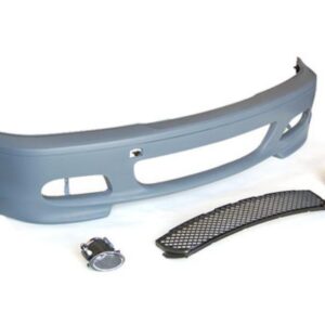 E46 MTECH ZHP Front Bumper Assembly, primed and ready for paint, includes lower mesh grille and fog lamps.