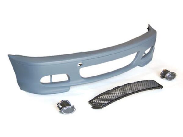 E46 MTECH ZHP Front Bumper Assembly, primed and ready for paint, includes lower mesh grille and fog lamps.