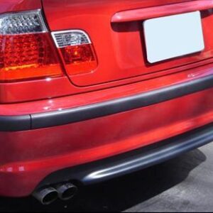 Descriptive image of the E46 1999-2005 MTECH Rear Bumper Assembly featuring poly plastic construction, diffuser, mouldings, and tow cover.