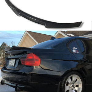 M4 Look Carbon Fiber Spoiler for 2006-2011 BMW E90 models with clear coat finish.