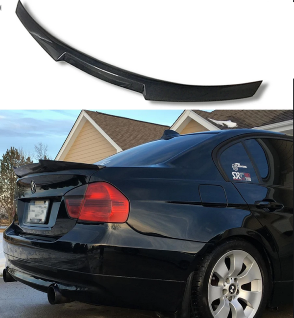 M4 Look Carbon Fiber Spoiler for 2006-2011 BMW E90 models with clear coat finish.