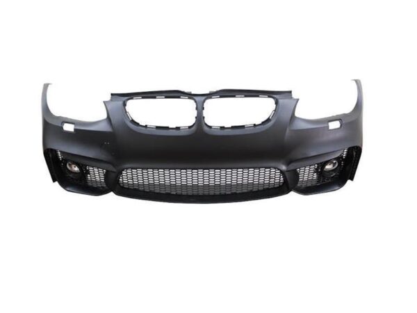 A sleek M4 Conversion Front Bumper with fog lamps for BMW E92 and E93 models, primed and ready for paint.