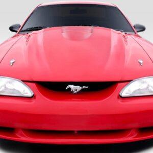 A flat black fiberglass Cobra R hood designed for 1994-1998 Mustangs, showcasing its sleek finish and bolt-on installation feature.