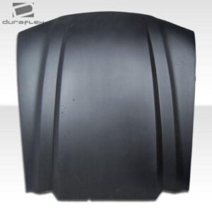 A flat black fiberglass cowl hood designed for 1994-1998 Ford Mustang models, showcasing its sleek design and bolt-on installation features.