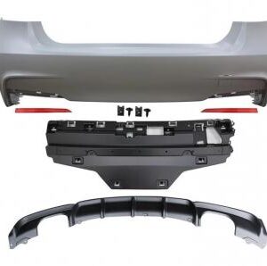 F30 M-Performance Quad Rear Bumper Assembly in primed finish with tow cover and diffuser.