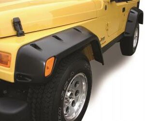 Jeep Wrangler TJ Pocket Rivet Flare Kit in black textured plastic for enhanced vehicle protection.