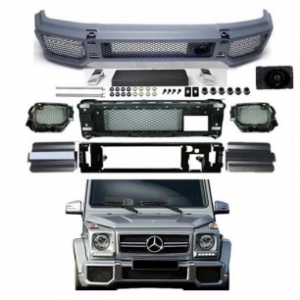 G-Wagon W463 G63 Conversion Front Bumper Kit featuring durable poly plastic construction and included grills and trims.