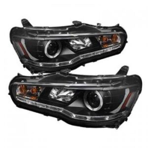 Black projector headlights designed for 2008-2015 Lancer models, enhancing visibility and style.