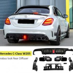 Brabus Gloss Black Diffuser Kit for W205 models, complete with tips and LED.