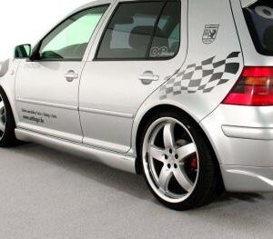 Flat Black Ultraflex Side Skirts for 1999-2005 Golf, showcasing sleek design and durability.