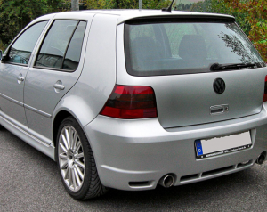 Flat black Ultraflex rear bumper for 1999-2005 Golf R32, highlighting its sleek design and customization options.